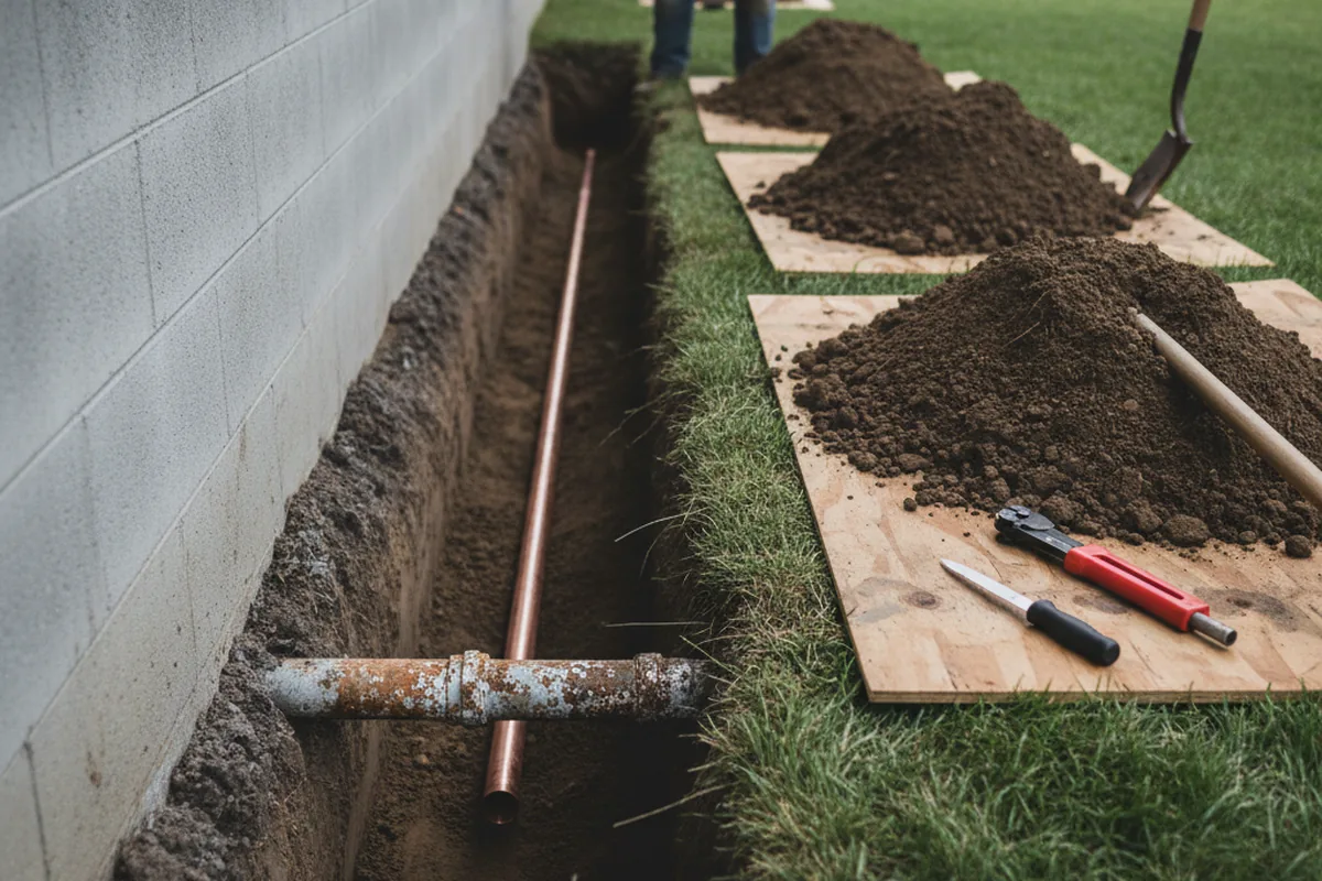 Excavated water line trench during Sewer Line Repair in Reed